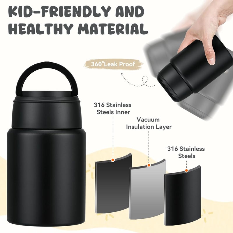 Aimsnk 17oz Soup Thermo for Hot Food Kids Insulated Food Jar,Thermo Hot Food Lunch Container, Width Mouth Stainless Steel Lunch Box for Kids with Handle Folding Spoon(Black-Pure) - Image 5